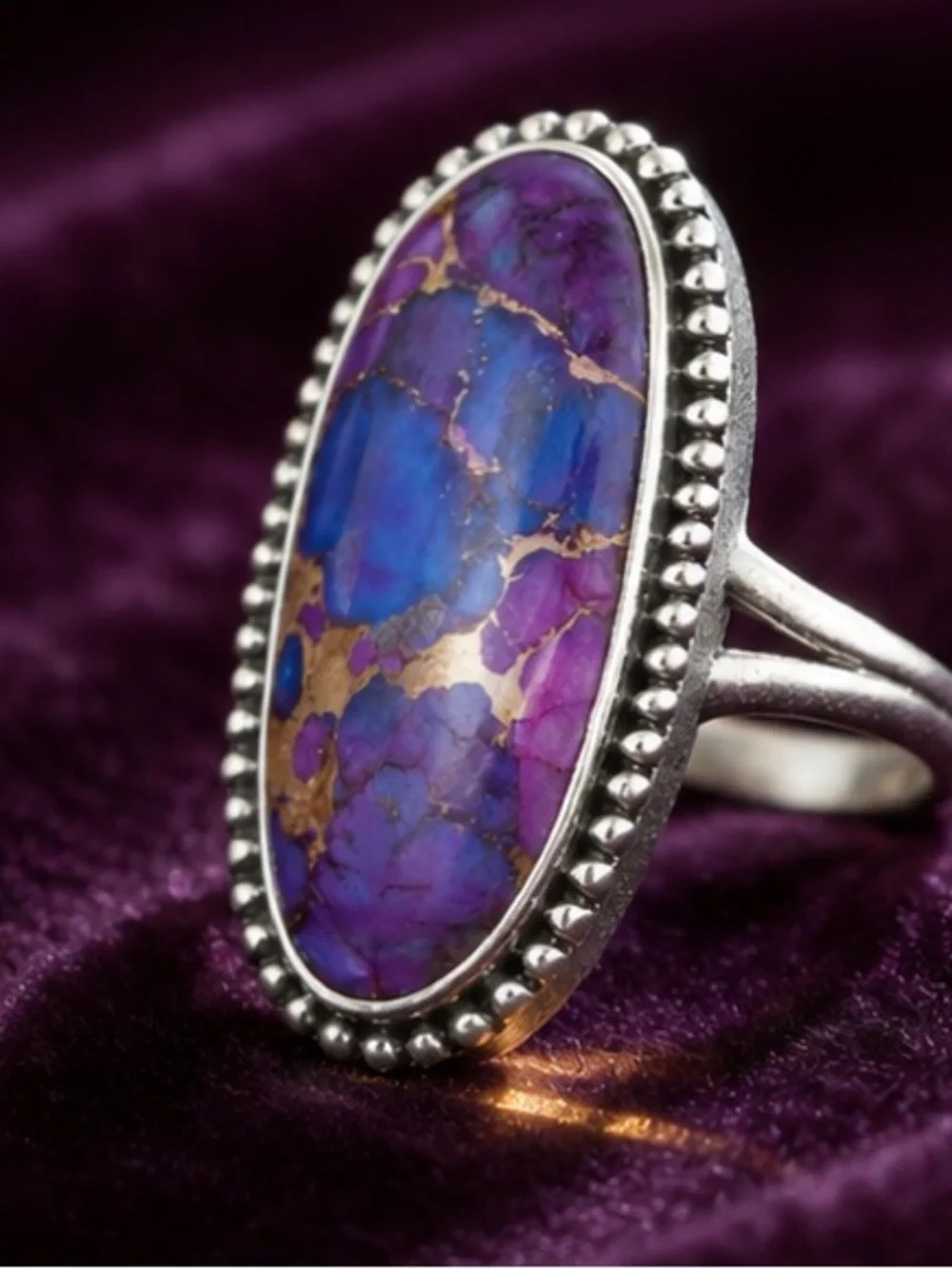 Purple Turquoise Statement Ring Silver Tone Oval Size 6